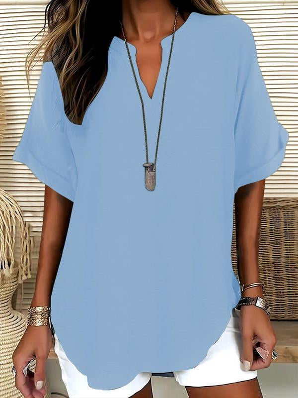 Blouse Fluide à Col en V et Manches Courtes