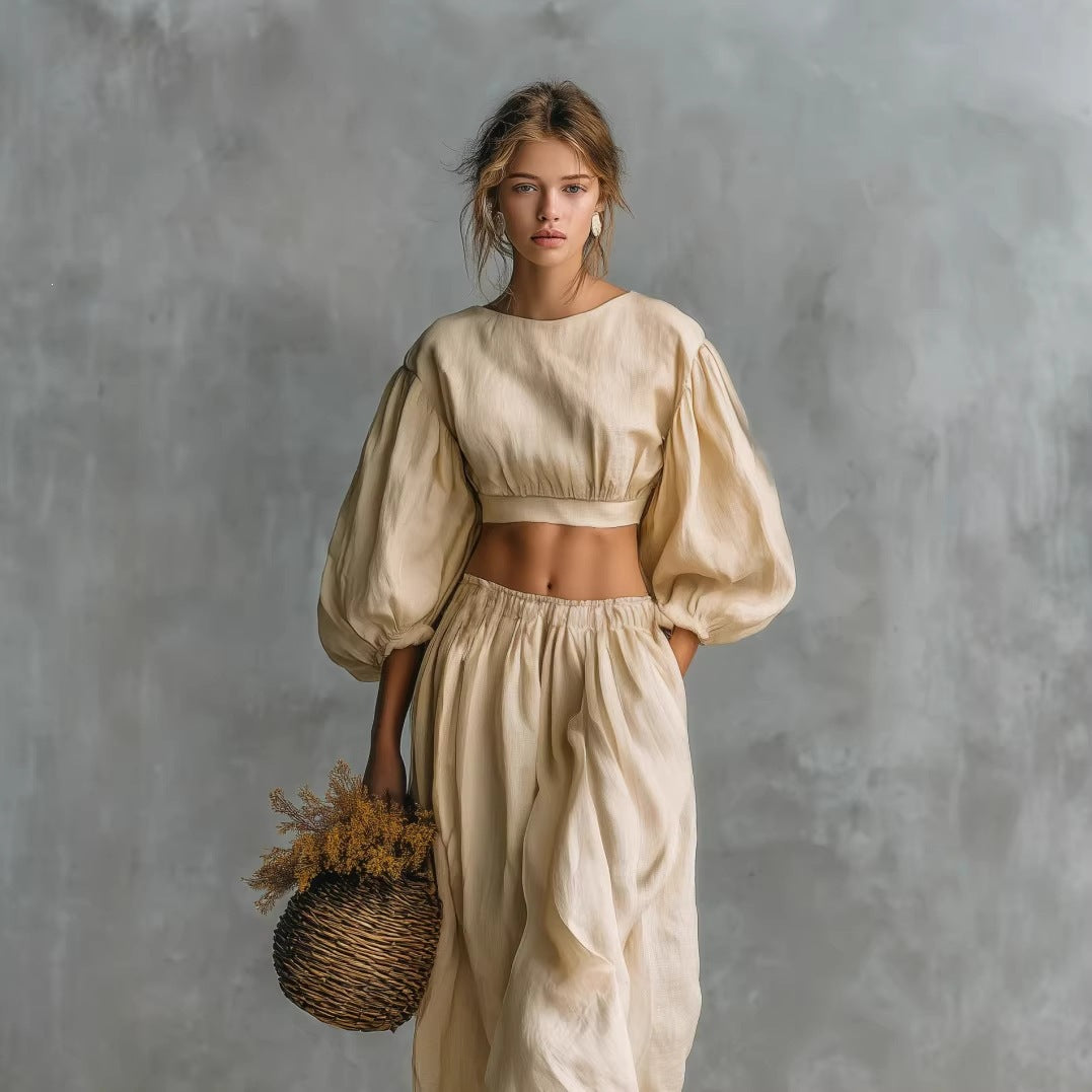 Ensemble Crop Top Manches Ballons et Pantalon Large Bouffant