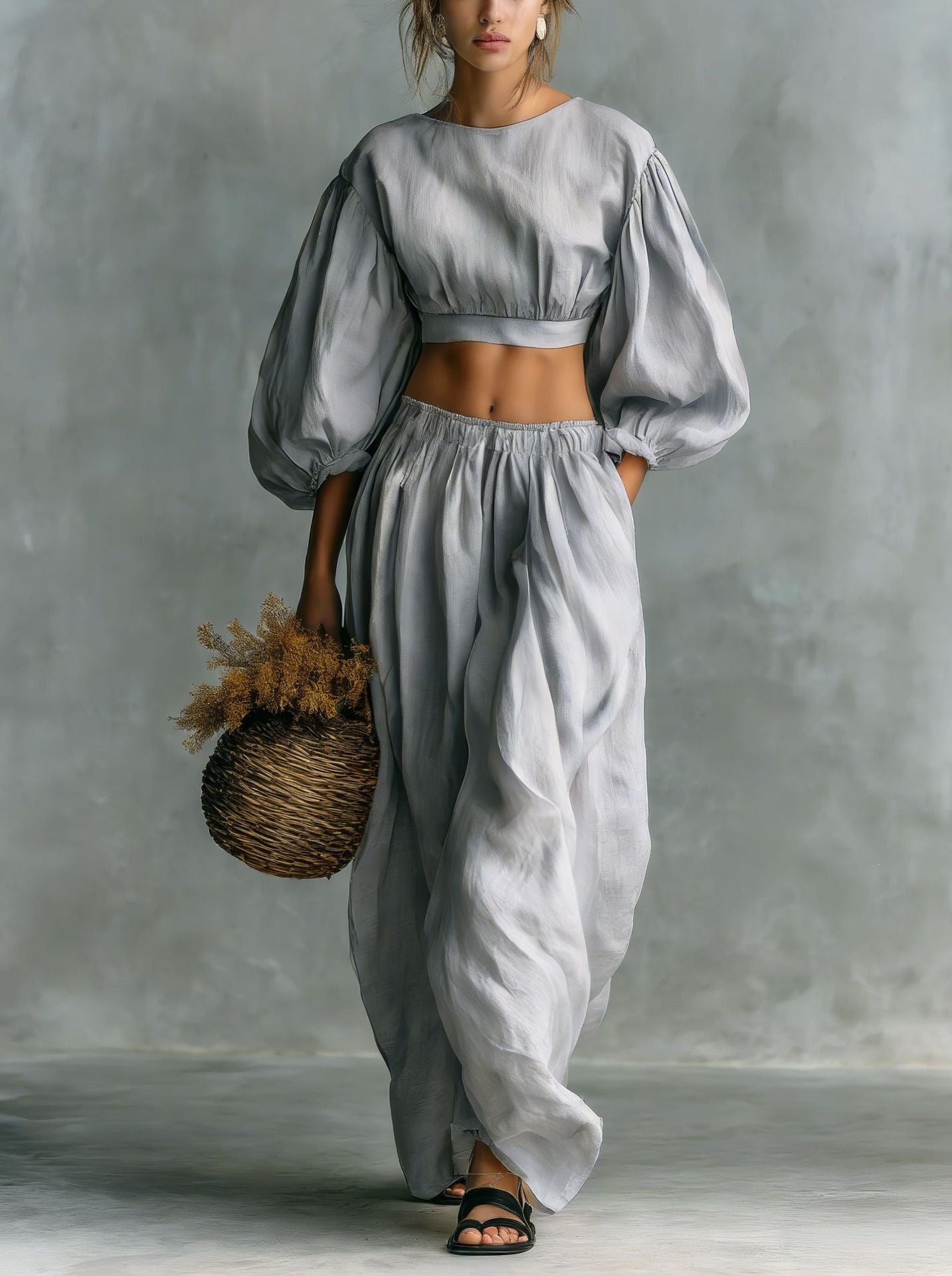 Ensemble Crop Top Manches Ballons et Pantalon Large Bouffant