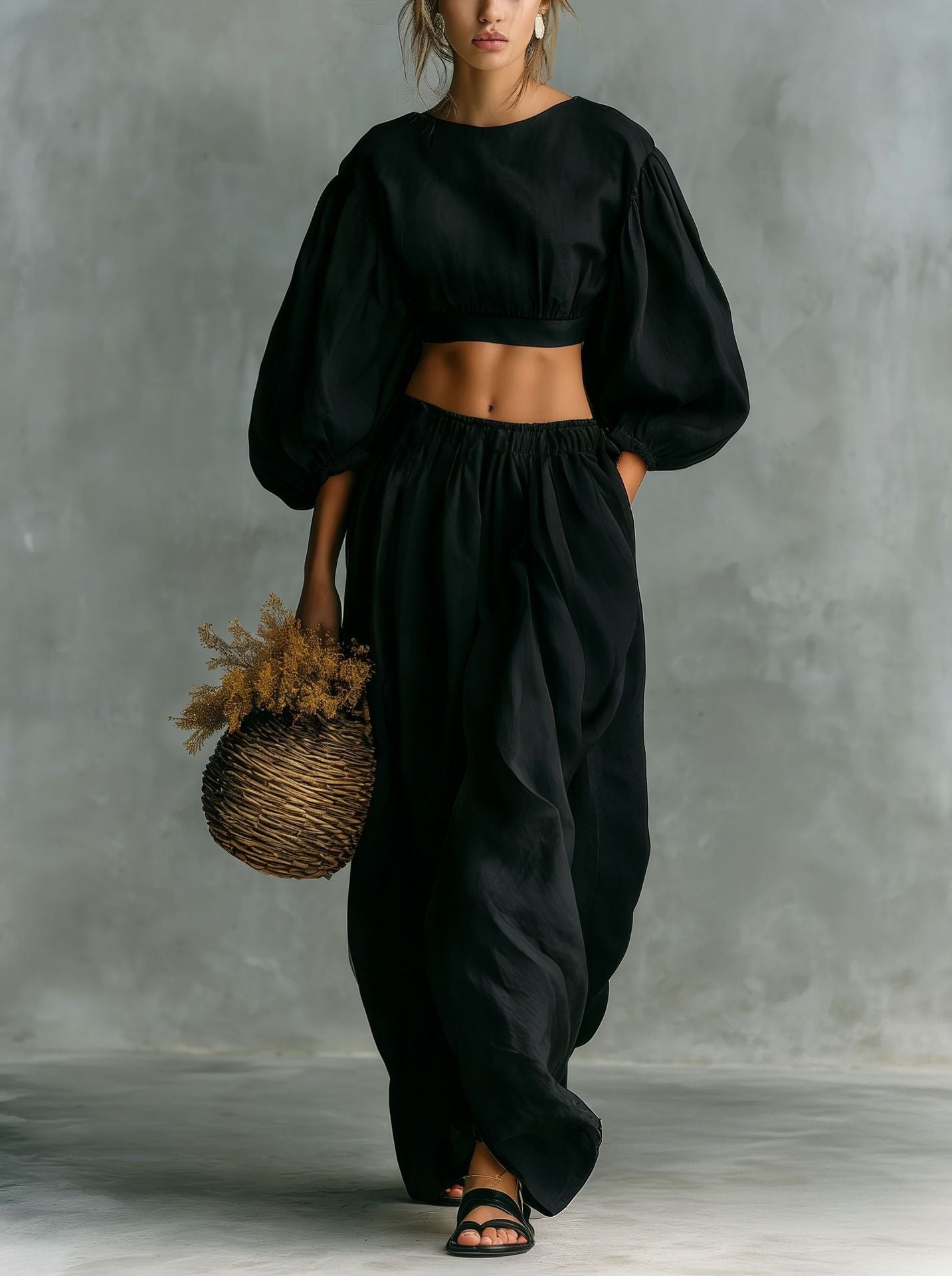 Ensemble Crop Top Manches Ballons et Pantalon Large Bouffant