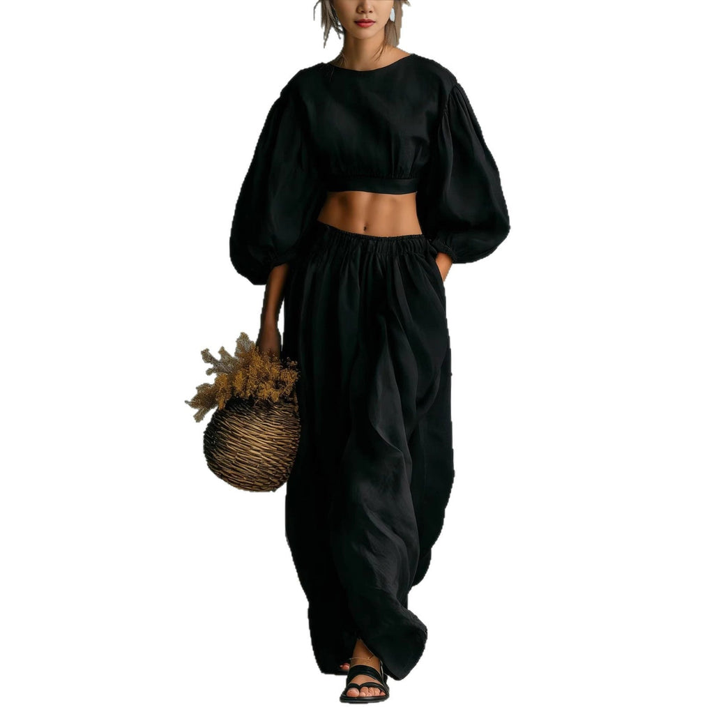 Ensemble Crop Top Manches Ballons et Pantalon Large Bouffant