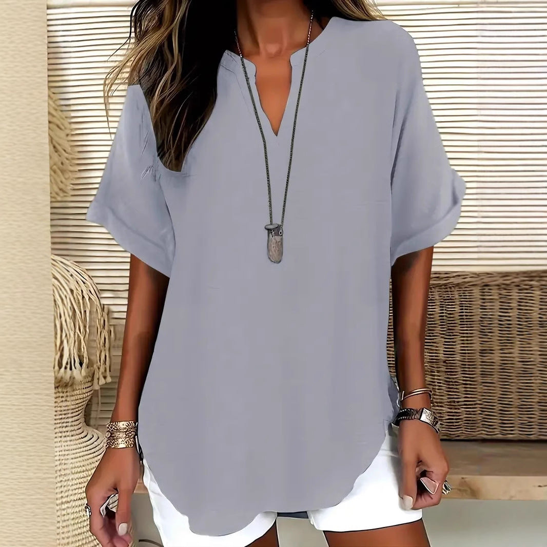 Blouse Fluide à Col en V et Manches Courtes