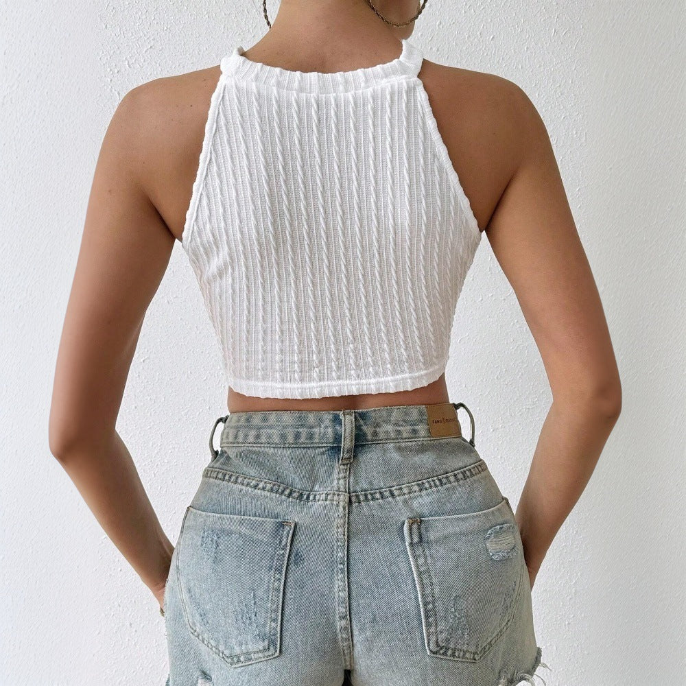 Débardeur Crop Top en Maille avec Dentelle & Franges