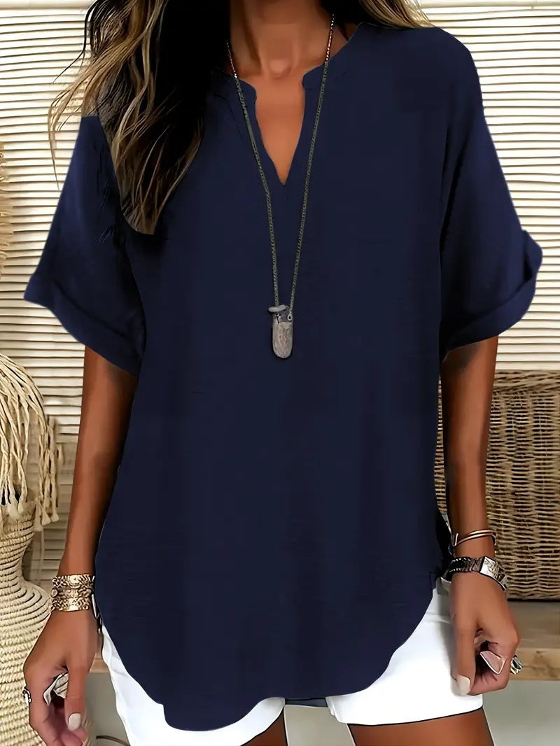 Blouse Fluide à Col en V et Manches Courtes