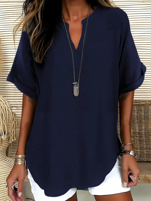 Blouse Fluide à Col en V et Manches Courtes