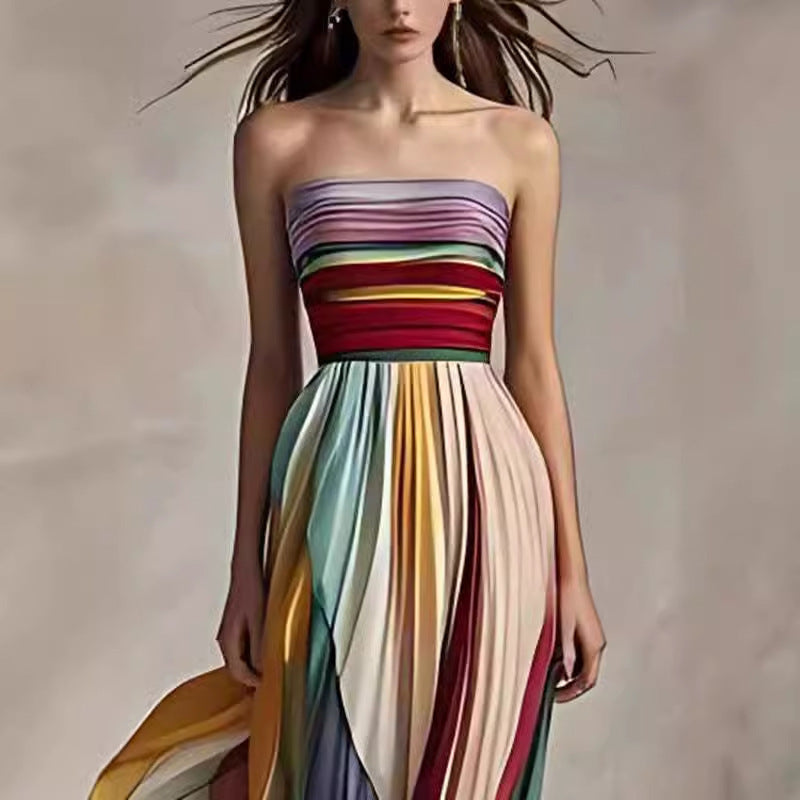 Robe Longue Bustier Plissée Multicolore