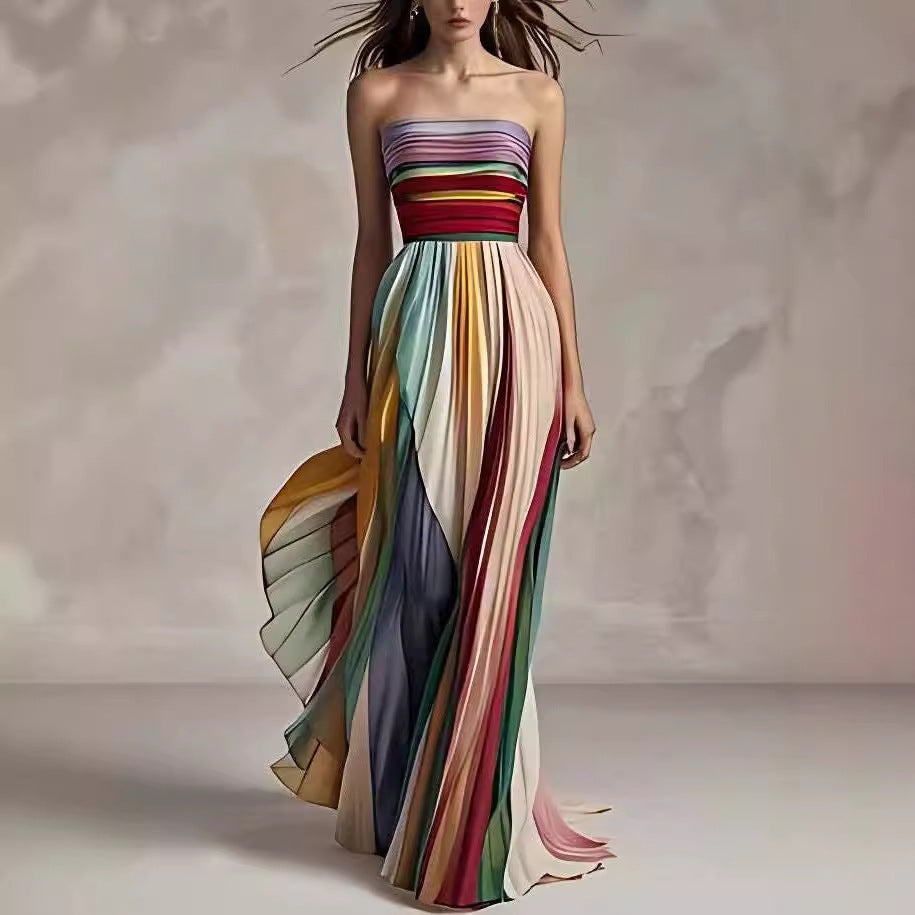 Robe Longue Bustier Plissée Multicolore