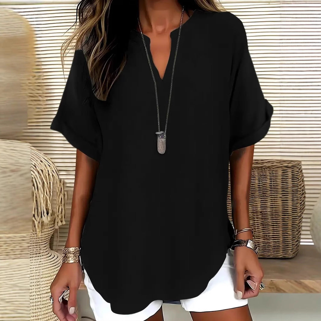 Blouse Fluide à Col en V et Manches Courtes