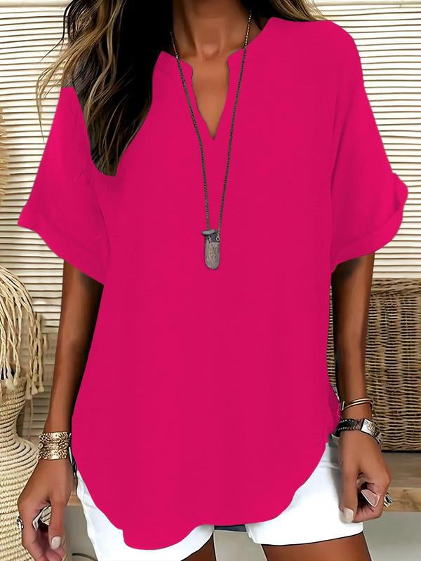 Blouse Fluide à Col en V et Manches Courtes