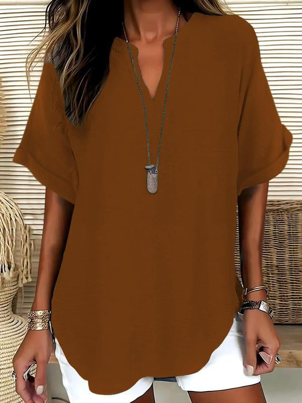 Blouse Fluide à Col en V et Manches Courtes