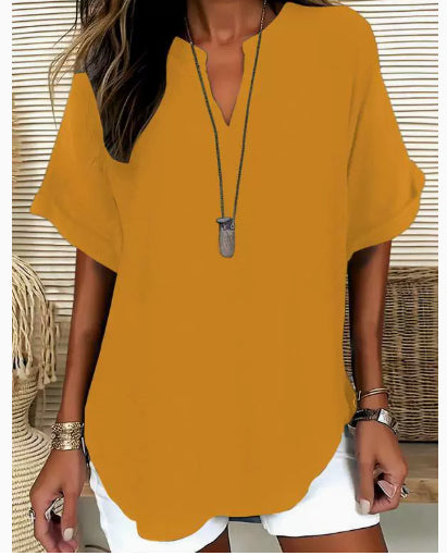 Blouse Fluide à Col en V et Manches Courtes