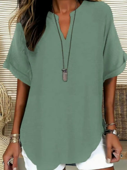 Blouse Fluide à Col en V et Manches Courtes