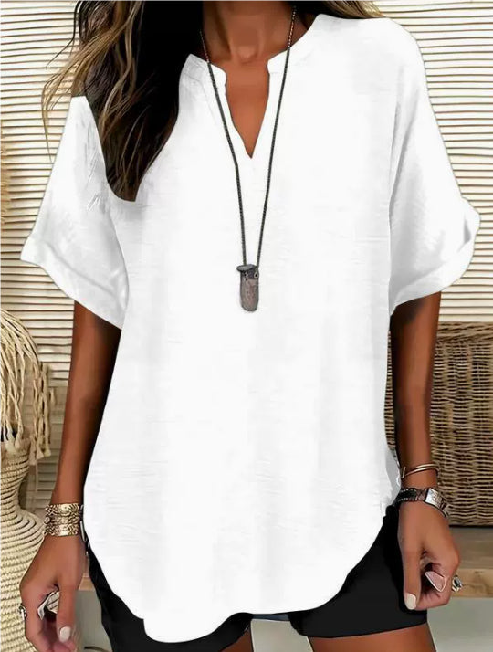 Blouse Fluide à Col en V et Manches Courtes