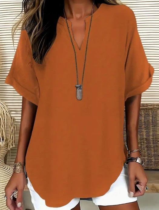 Blouse Fluide à Col en V et Manches Courtes