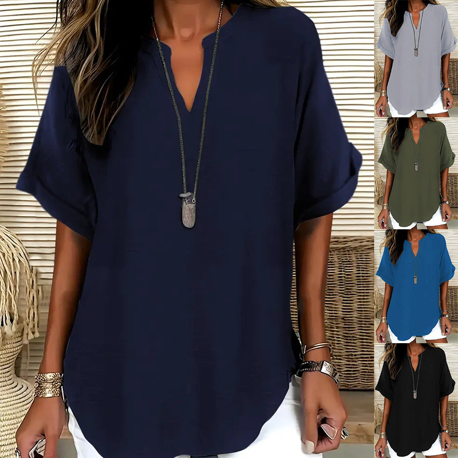 Blouse Fluide à Col en V et Manches Courtes