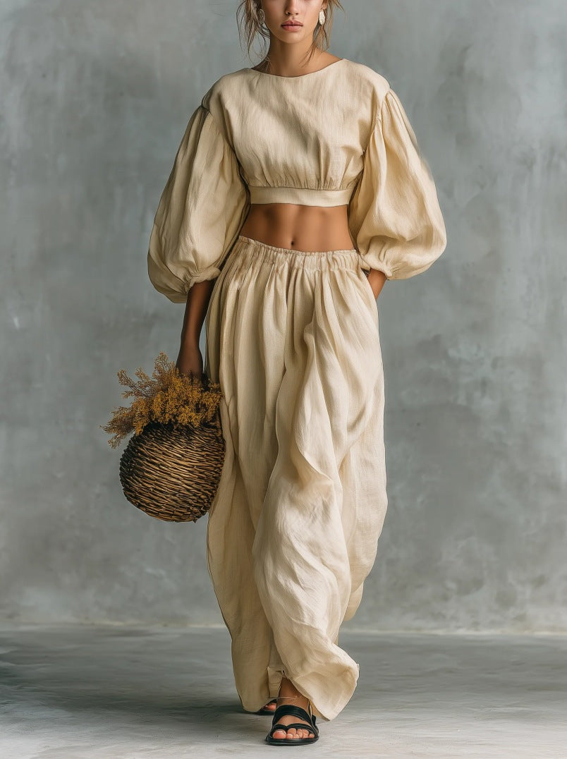 Ensemble Crop Top Manches Ballons et Pantalon Large Bouffant