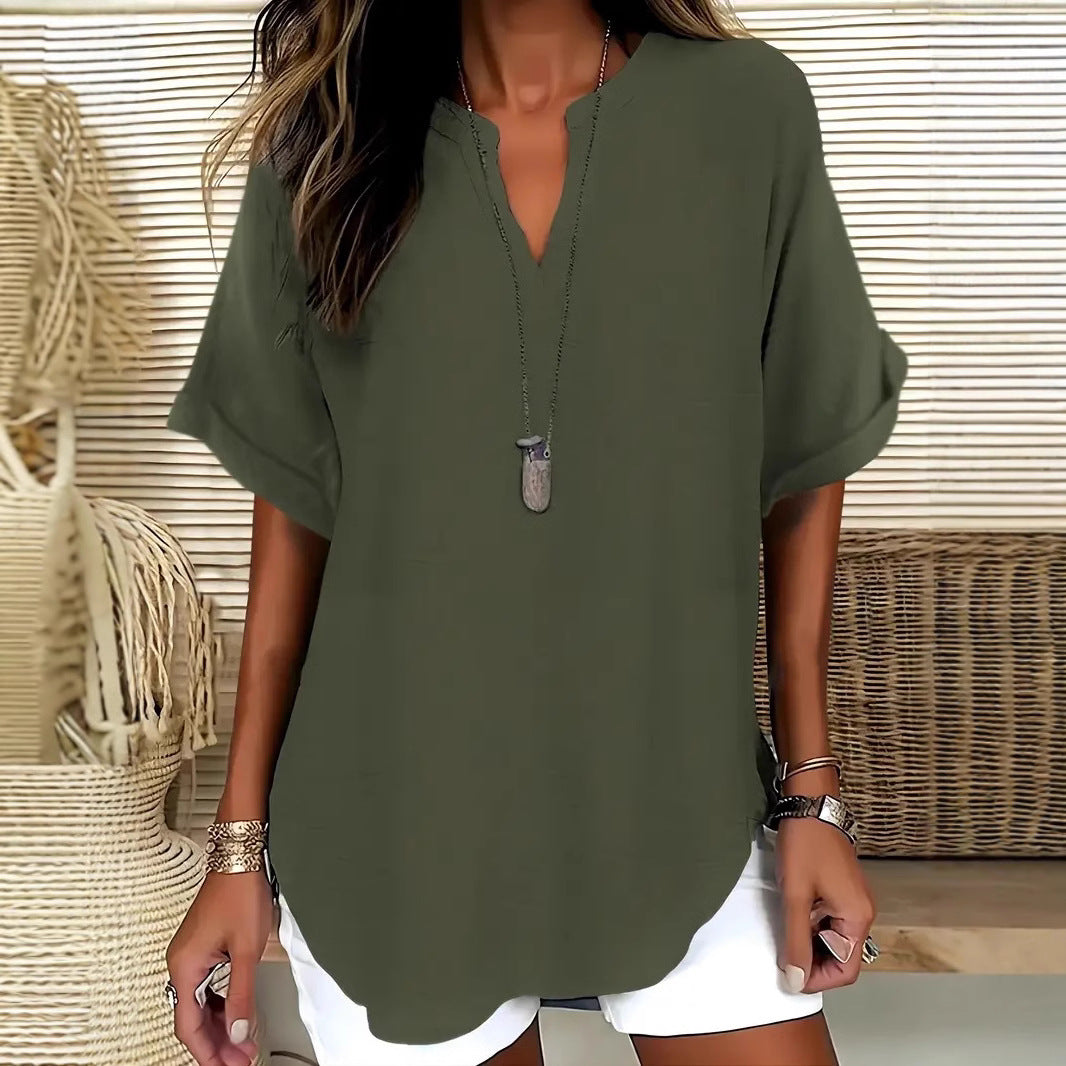 Blouse Fluide à Col en V et Manches Courtes